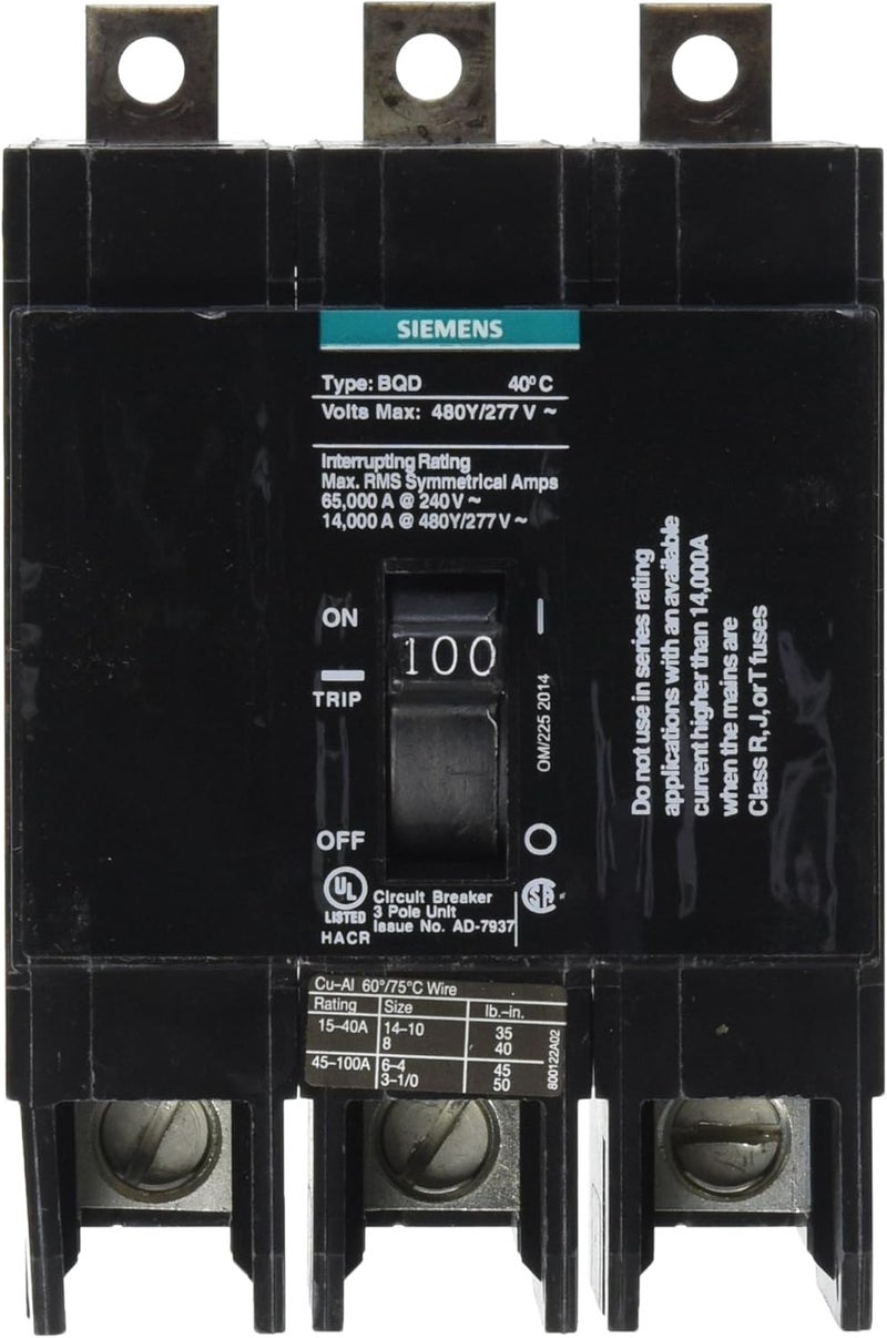 Siemens BQD3100 100Amp Three Pole 480Y277V AC 14KAIC Bolt in Breaker - Image 1