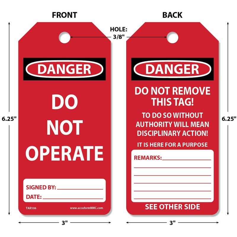 AccuformNMC 100 Safety Tags by-The-Roll, Danger Do Not Operate, US Made OSHA Compliant Tags, Waterproof PF-Cardstock, Resists Tears, 6.25"x3", TAR106 - Image 2