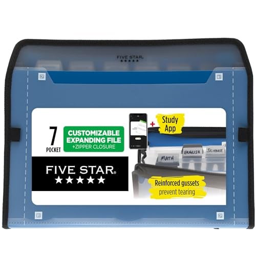 Five Star 7 Pocket Expanding File Organizer + Study App, Plastic Expandable File Folders with Customizable Tabs & Clear Cover, Holds 11" x 8-1/2", Zipper Closure, Pacific Blue (72711) - Image 1