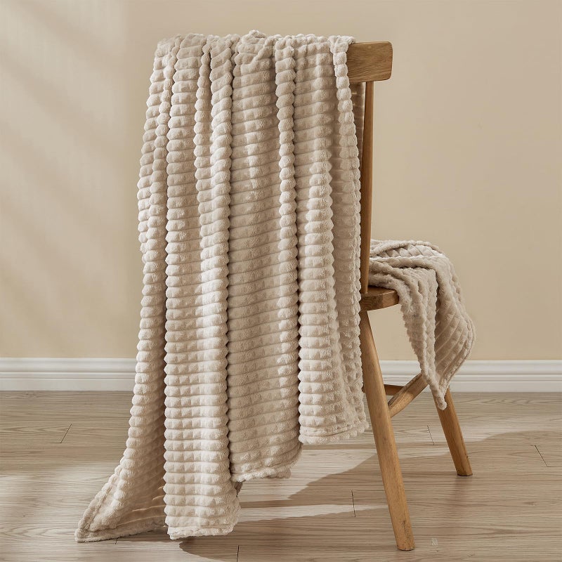 EMME Fleece Blanket, 3D Jacquard Throw Blanket for Couch and Bed, Soft Cozy and Fluffy Blankets Lightweight Luxury Flannel with Geometric Grid Design (Beige, 50'' x 60'') - Image 3