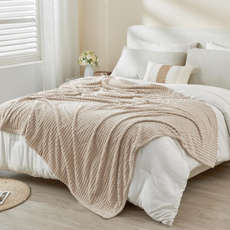 EMME Fleece Blanket, 3D Jacquard Throw Blanket for Couch and Bed, Soft Cozy and Fluffy Blankets Lightweight Luxury Flannel with Geometric Grid Design (Beige, 50'' x 60'') - Image 4