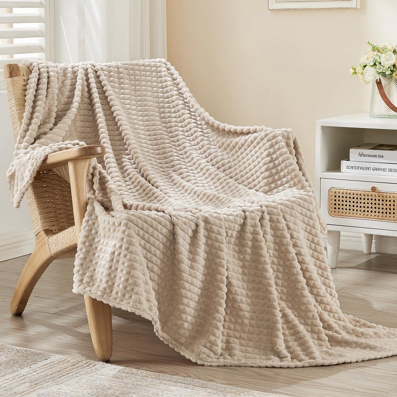 EMME Fleece Blanket, 3D Jacquard Throw Blanket for Couch and Bed, Soft Cozy and Fluffy Blankets Lightweight Luxury Flannel with Geometric Grid Design (Beige, 50'' x 60'') - Image 2