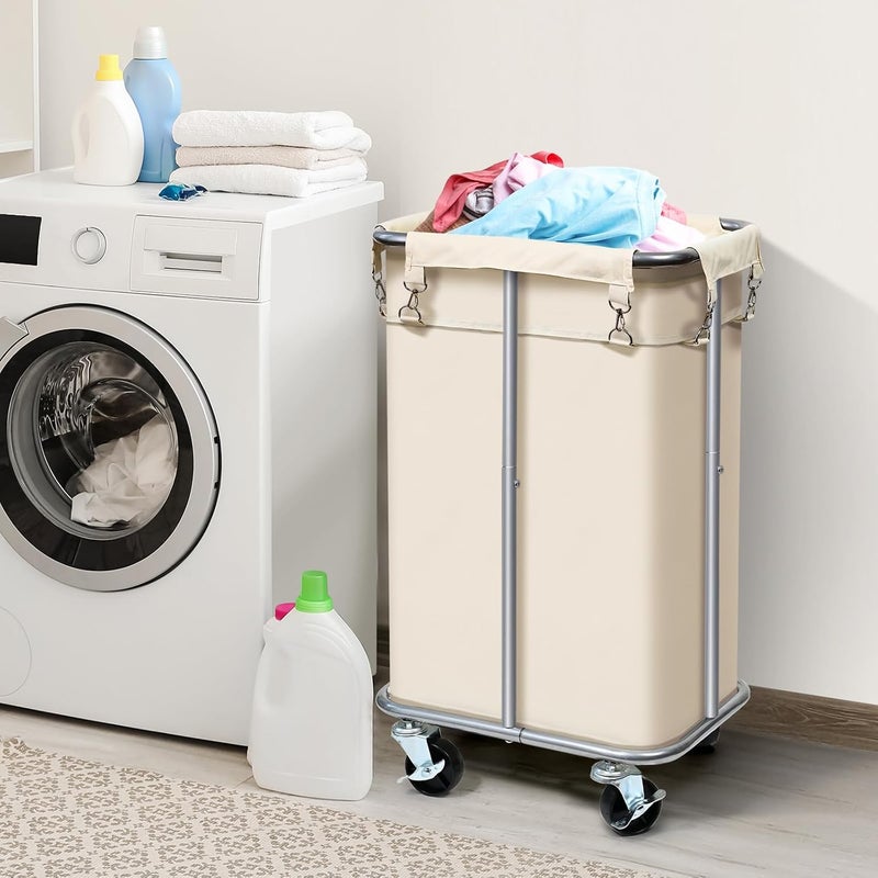 Ollieroo Rolling Laundry Hamper with Removable Bag, 100L Capacity, Narrow Slim Design, Beige - Image 2
