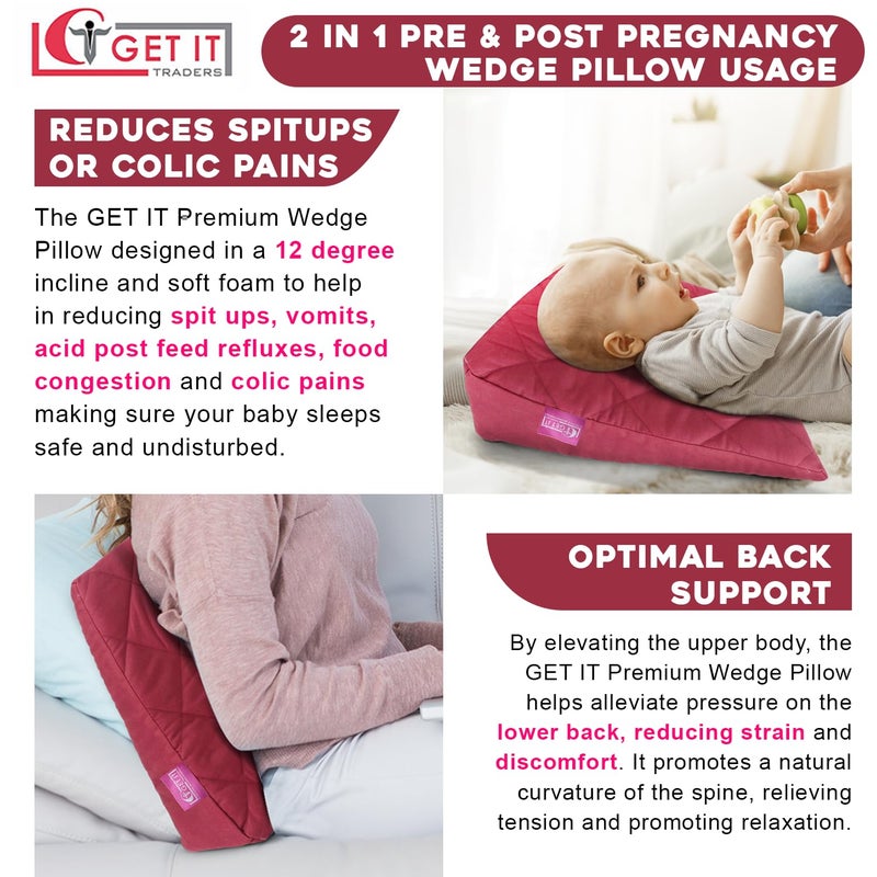GET IT Multi Use Wedge Pillow for Pregnancy Women and New Born Baby | Lower Back-Pain Relief |Knee Support Between Legs | Anti Vomiting and Milk Spitting for New Born Baby (Maroon) - Image 4