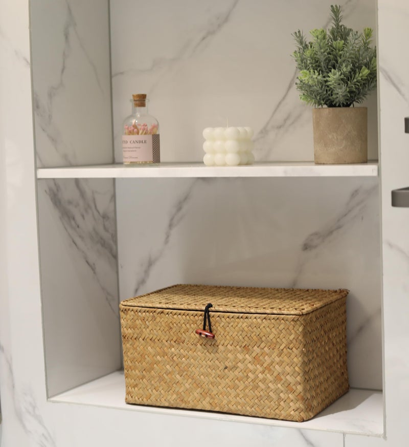 DOKOT Rectangular Handwoven Seagrass Storage Basket with Lid for Shelves and Home Organizer Bin, (M (12"x7"x6"H), Brown) - Image 3