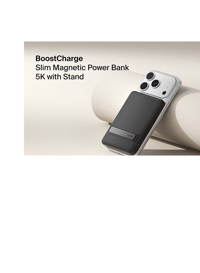 belkin BoostCharge Portable Charger Qi2 15W, Slim Magnetic Power Bank 5000mAh with Kickstand, USB C Cable Included, Fast Charging Battery Pack for iPhone, AirPods, Galaxy, Pixel, iPad & More - Black - Image 2