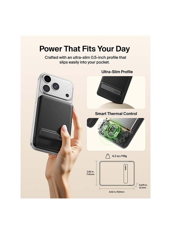 belkin BoostCharge Portable Charger Qi2 15W, Slim Magnetic Power Bank 5000mAh with Kickstand, USB C Cable Included, Fast Charging Battery Pack for iPhone, AirPods, Galaxy, Pixel, iPad & More - Black - Image 4
