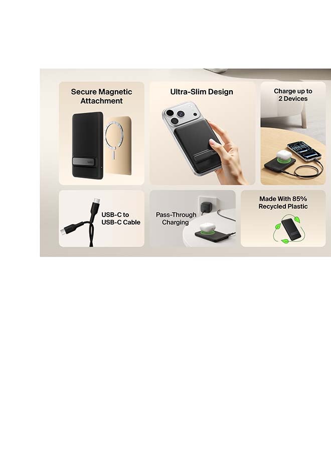 belkin BoostCharge Portable Charger Qi2 15W, Slim Magnetic Power Bank 5000mAh with Kickstand, USB C Cable Included, Fast Charging Battery Pack for iPhone, AirPods, Galaxy, Pixel, iPad & More - Black - Image 3