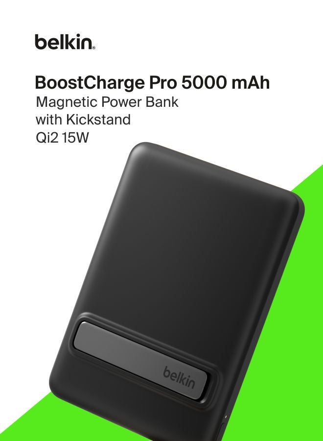 belkin BoostCharge Portable Charger Qi2 15W, Slim Magnetic Power Bank 5000mAh with Kickstand, USB C Cable Included, Fast Charging Battery Pack for iPhone, AirPods, Galaxy, Pixel, iPad & More - Black - Image 1