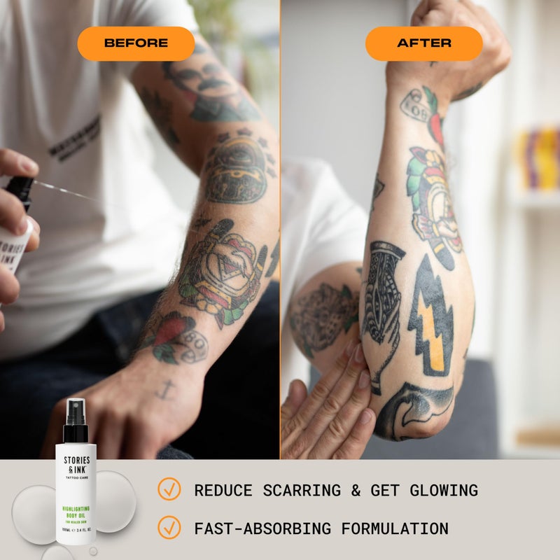 Stories & Ink Tattoo Care | HIGHLIGHTING BODY OIL for Healed Tattoos | Instant Glow Oil to Enhance Ink Vibrancy & Refresh Faded Tattoos | Lightweight Non-Greasy Daily Hydration, 100 mL / 3.4 Fl Oz - Image 5