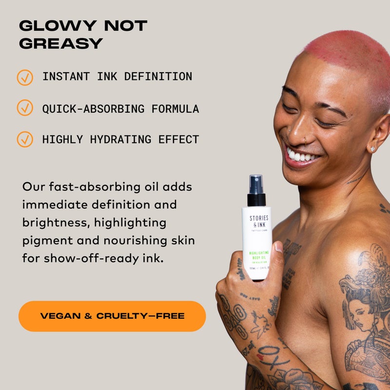 Stories & Ink Tattoo Care | HIGHLIGHTING BODY OIL for Healed Tattoos | Instant Glow Oil to Enhance Ink Vibrancy & Refresh Faded Tattoos | Lightweight Non-Greasy Daily Hydration, 100 mL / 3.4 Fl Oz - Image 4