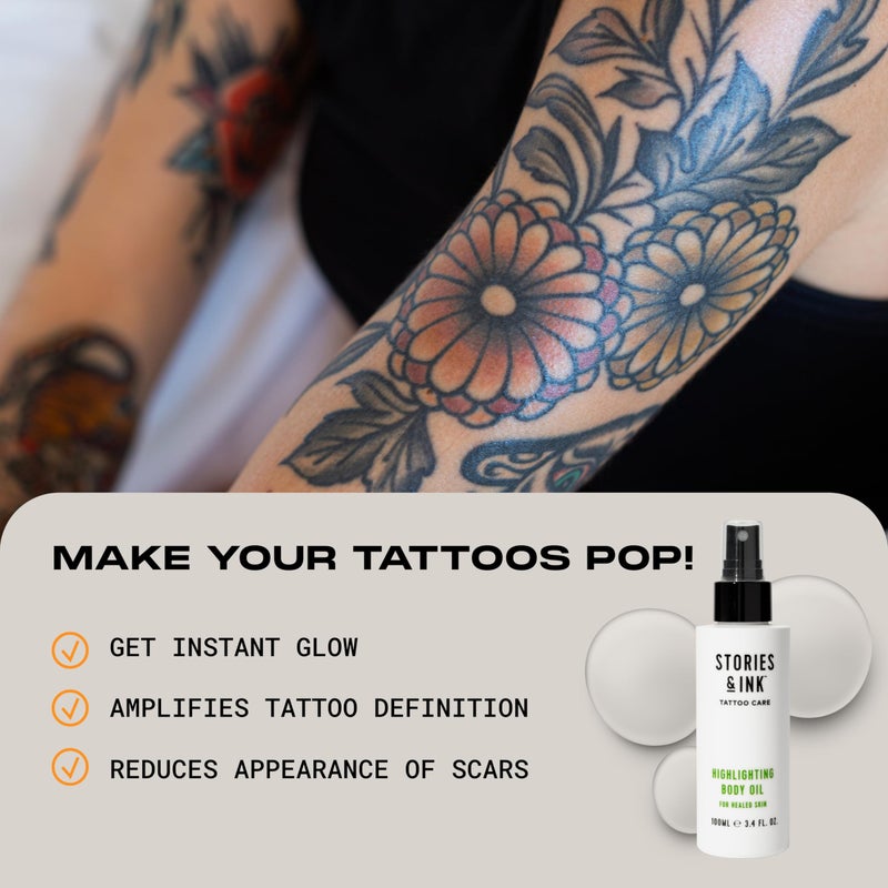 Stories & Ink Tattoo Care | HIGHLIGHTING BODY OIL for Healed Tattoos | Instant Glow Oil to Enhance Ink Vibrancy & Refresh Faded Tattoos | Lightweight Non-Greasy Daily Hydration, 100 mL / 3.4 Fl Oz - Image 2