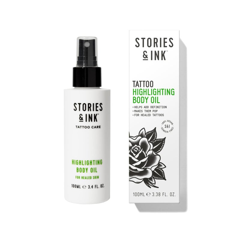 Stories & Ink Tattoo Care | HIGHLIGHTING BODY OIL for Healed Tattoos | Instant Glow Oil to Enhance Ink Vibrancy & Refresh Faded Tattoos | Lightweight Non-Greasy Daily Hydration, 100 mL / 3.4 Fl Oz - Image 1