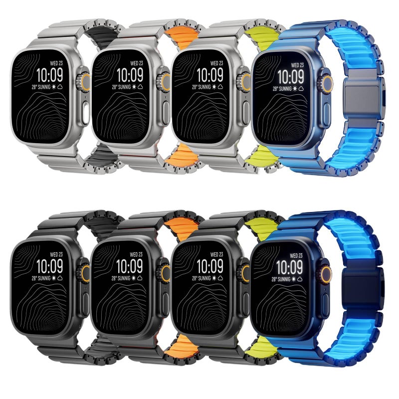سوار ساعة ذكية سوار معدني من الستانلس ستيل متوافق مع Apple Watch 42/44/45/49mm بملاءمة قابلة للتعديل وحزام بديل بتصميم معدني أنيق باللون برتقالي قابل للتعديل - Image 1