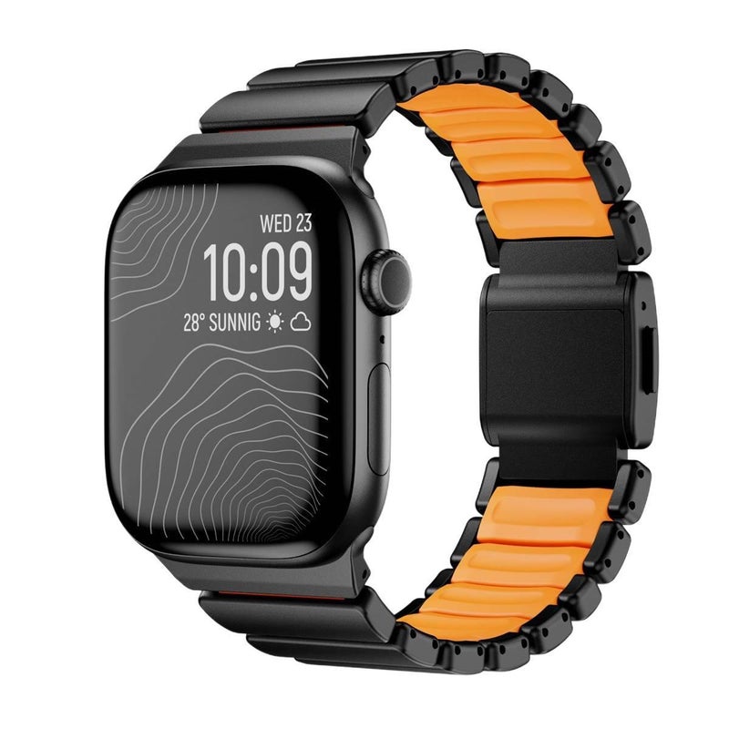 سوار ساعة ذكية سوار معدني من الستانلس ستيل متوافق مع Apple Watch 42/44/45/49mm بملاءمة قابلة للتعديل وحزام بديل بتصميم معدني أنيق باللون برتقالي قابل للتعديل - Image 5