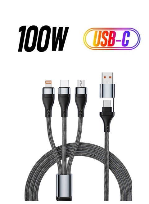 100W USB C to Multi Charging Cable, QC 5A 2-in-1 USB A to C PD Port and 3-in-1 Braided Fast Charging Cord, with Type C/Micro Connectors, Universal Sync Charger Adapter for Laptop/Tablet/Phone