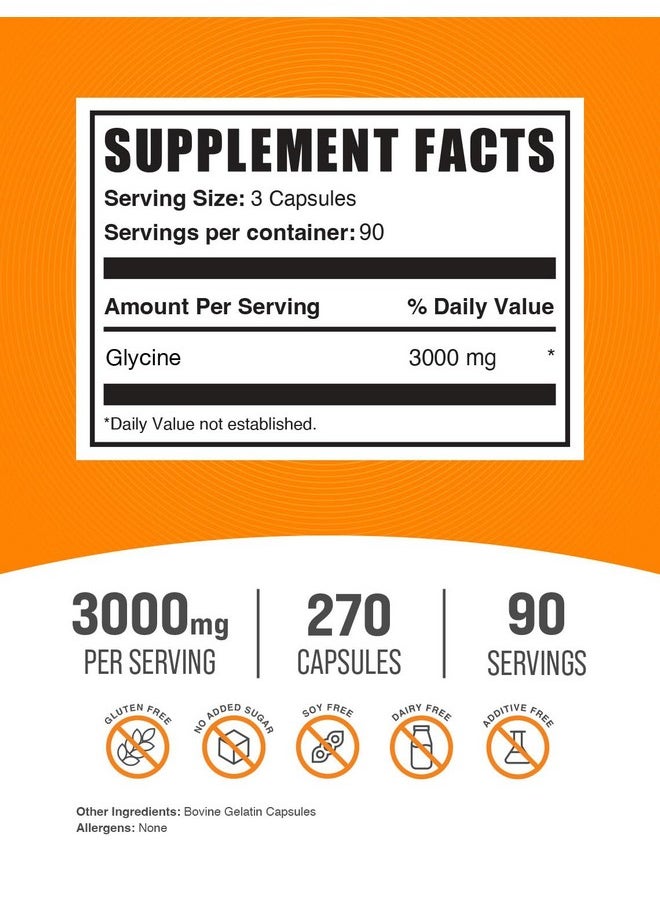 BulkSupplements - BulkSupplements.com Glycine Capsules - Glycine Supplements, Glycine 3000mg - Amino Acid Supplement, Gluten Free, 3 Capsules per Serving, 270 Capsules (Pack of 1) - Image 1