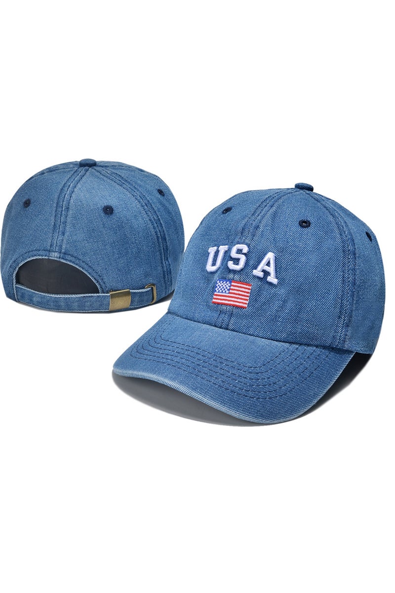 USA Denim Baseball Cap with USA Letter and American Flag Embroidery