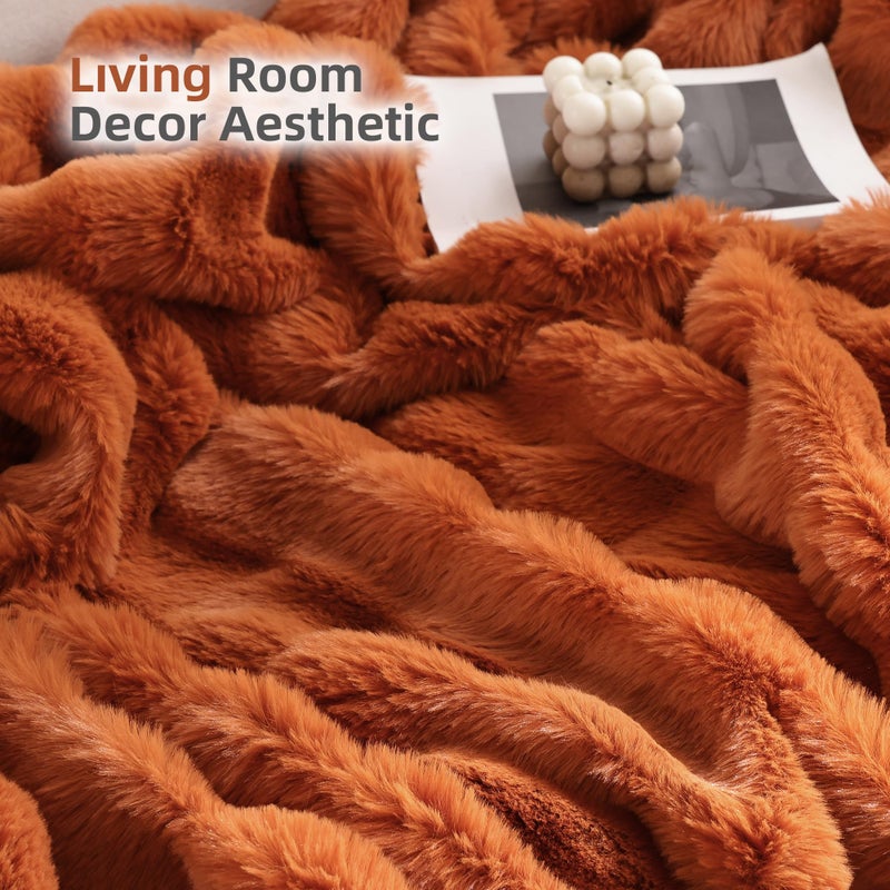 Smoofy Faux Fur Fall Throw Blanket for Couch â€“ Burnt Orange Fluffy Cozy Rabbit Fleece, Plush Soft Bubble Blanket for Sofa & Bed, for Mom, Warm Fuzzy Home Room Decor Throw 50" x 60" - Image 5