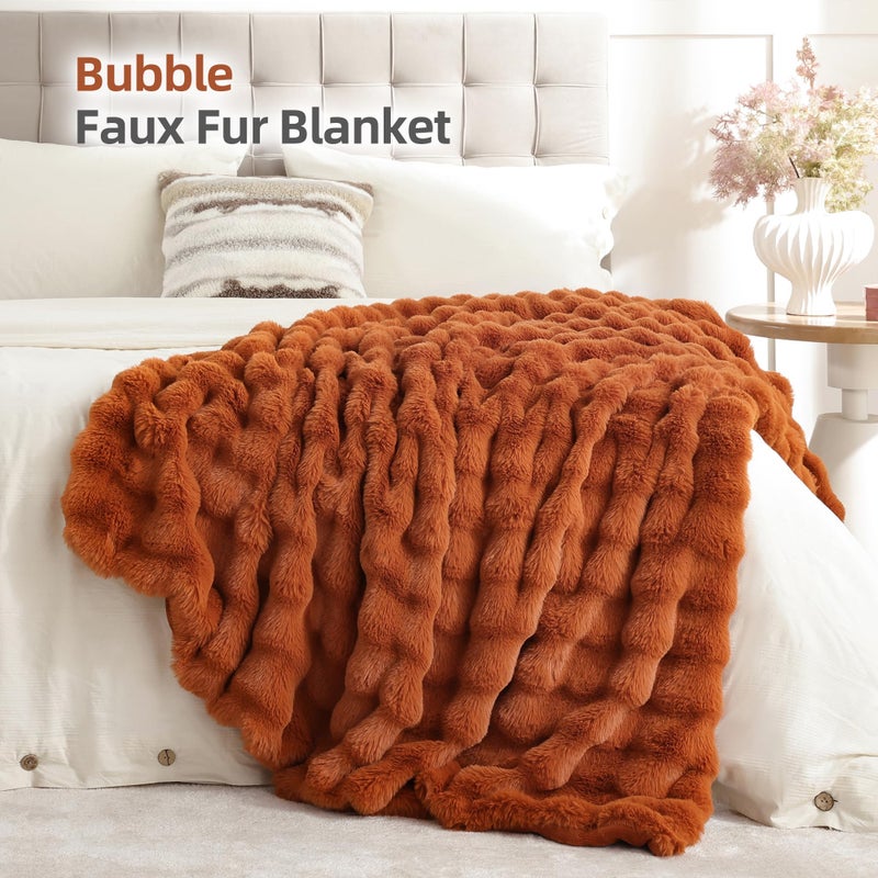 Smoofy Faux Fur Fall Throw Blanket for Couch â€“ Burnt Orange Fluffy Cozy Rabbit Fleece, Plush Soft Bubble Blanket for Sofa & Bed, for Mom, Warm Fuzzy Home Room Decor Throw 50" x 60" - Image 2