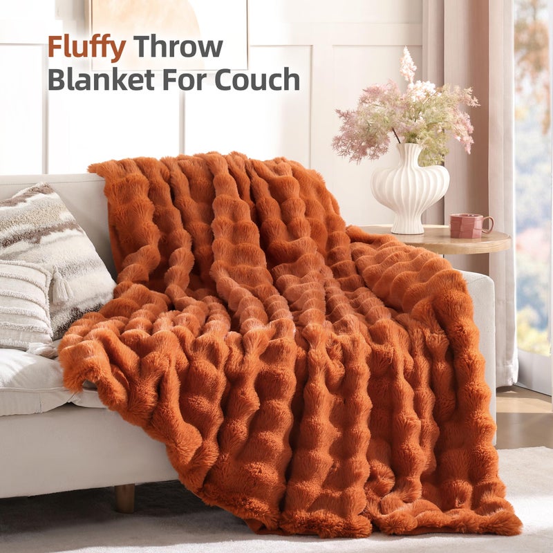 Smoofy Faux Fur Fall Throw Blanket for Couch â€“ Burnt Orange Fluffy Cozy Rabbit Fleece, Plush Soft Bubble Blanket for Sofa & Bed, for Mom, Warm Fuzzy Home Room Decor Throw 50" x 60" - Image 3