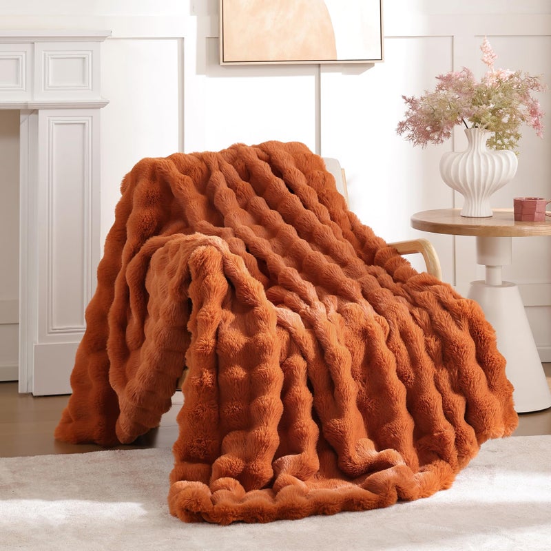Smoofy Faux Fur Fall Throw Blanket for Couch â€“ Burnt Orange Fluffy Cozy Rabbit Fleece, Plush Soft Bubble Blanket for Sofa & Bed, for Mom, Warm Fuzzy Home Room Decor Throw 50" x 60" - Image 1