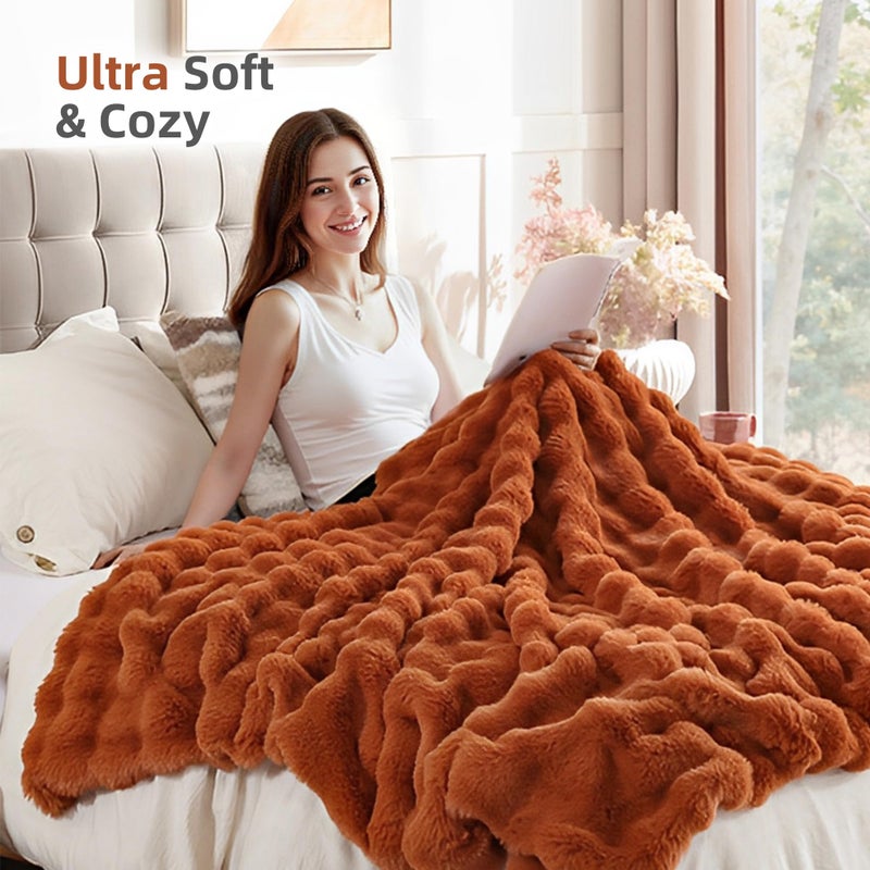 Smoofy Faux Fur Fall Throw Blanket for Couch â€“ Burnt Orange Fluffy Cozy Rabbit Fleece, Plush Soft Bubble Blanket for Sofa & Bed, for Mom, Warm Fuzzy Home Room Decor Throw 50" x 60" - Image 4