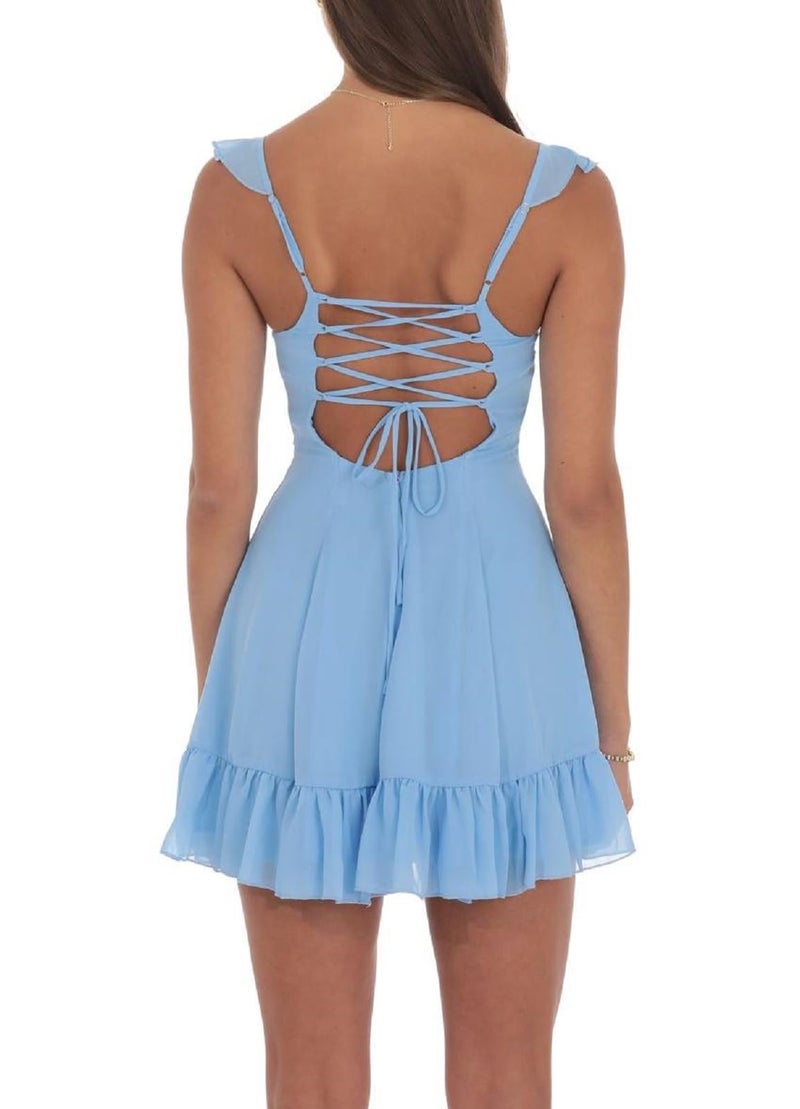 Argeousgor Women Y2k Graduation Mini Dress Ruffle Hem Lace Short Dress Flowy A Line Tie Back Dresses Teen Girl Party Clubwear (Tie Back Blue, S) - Image 3