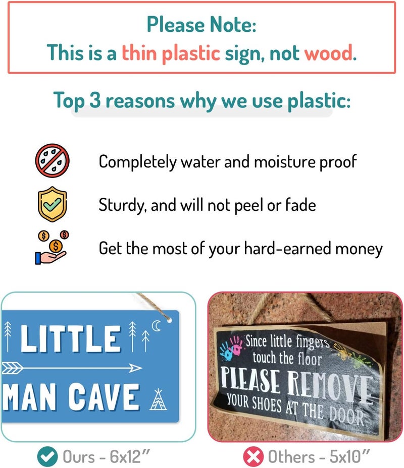 Fun-Plus Little Man Cave Sign, 12″x6″ PVC Plastic Wall Decoration Hanging Sign, High Precision Printing, Water proof, Boys Room Door Sign, Boys Only Sign, Game Room Décor - Image 3