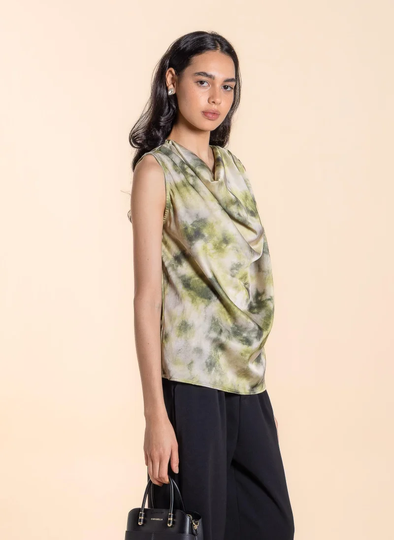 SHAPES DRAPED PRINTED SATIN TOP