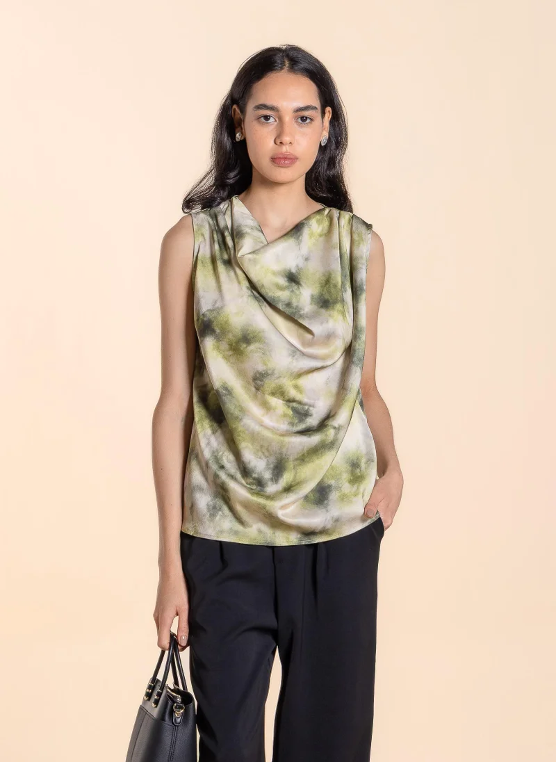 SHAPES DRAPED PRINTED SATIN TOP
