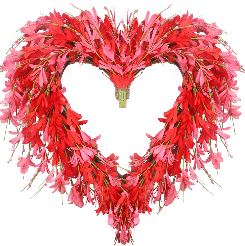 LOKEISNA Spring Wreaths for Front Door Valentine's Day Wreath Decor,Pink Forsythia Wreath, 19 Inch Heart Wreath for Front Door,Home Farmhouse Decor, Mother's Day - Image 1