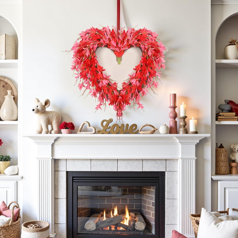 LOKEISNA Spring Wreaths for Front Door Valentine's Day Wreath Decor,Pink Forsythia Wreath, 19 Inch Heart Wreath for Front Door,Home Farmhouse Decor, Mother's Day - Image 4