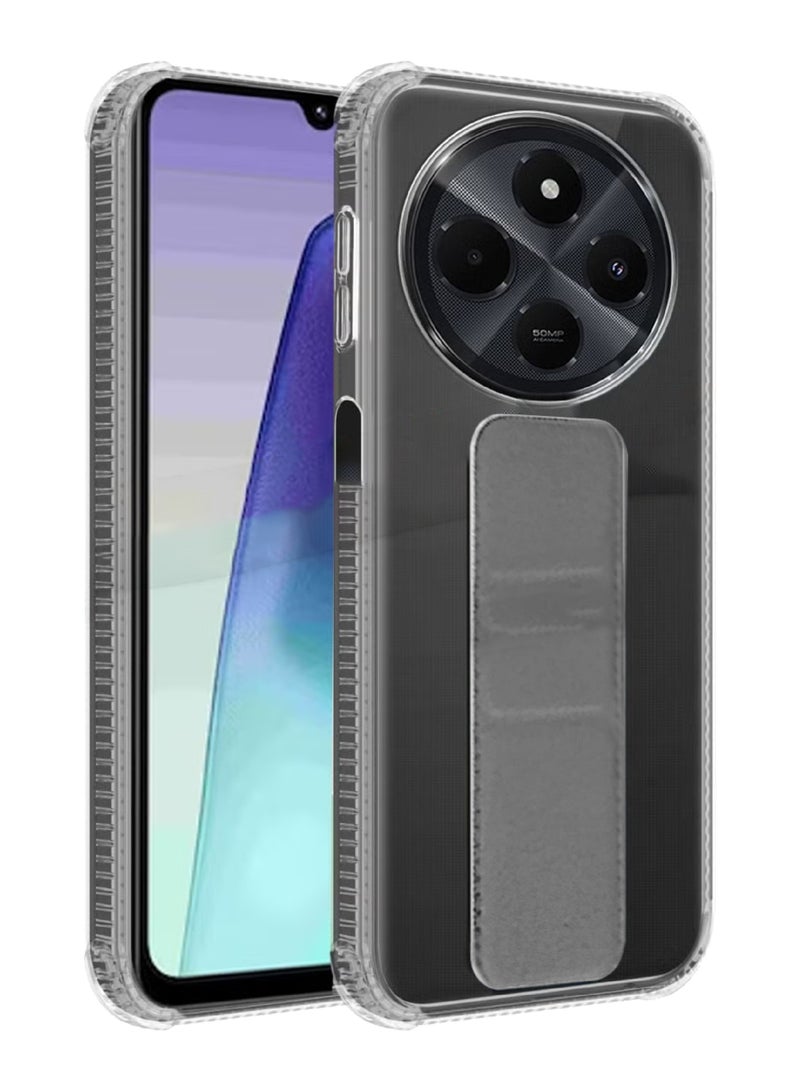 3-in-1 Magnetic Transparent Wrist Strap Hand Grip Stand Back Case Cover for Xiaomi Redmi 14C-Clear/Grey 