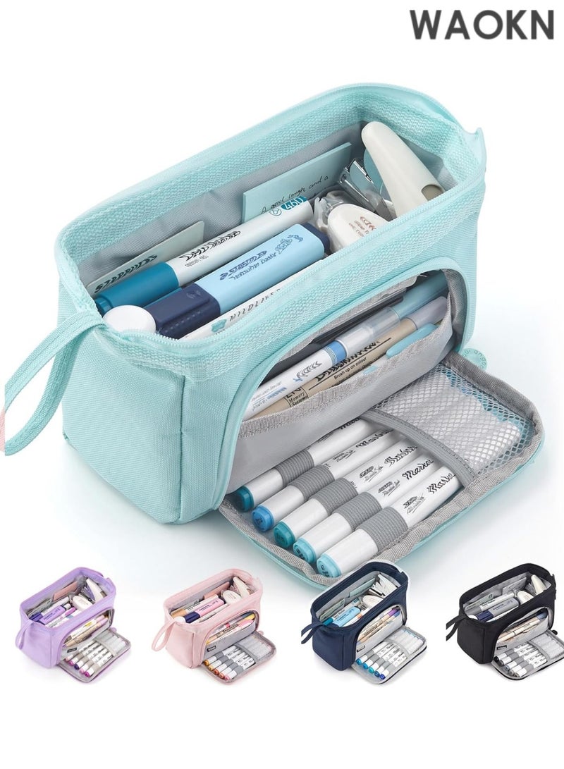 دبليو أيه أو كي أن حافظة أقلام فاخرة ذات سعة كبيرة - منظم جيب أقلام متعدد الأقسام واسع للغاية للمدرسة والجامعة والمكتب والسفر - حامل أنيق ومتين بسحاب للأقلام والعلامات ومستحضرات التجميل ولوازم الفن - هدية مثالية للطلاب والمراهقين والأولاد والبنات والرجال والنساء (أزرق) - Image 1