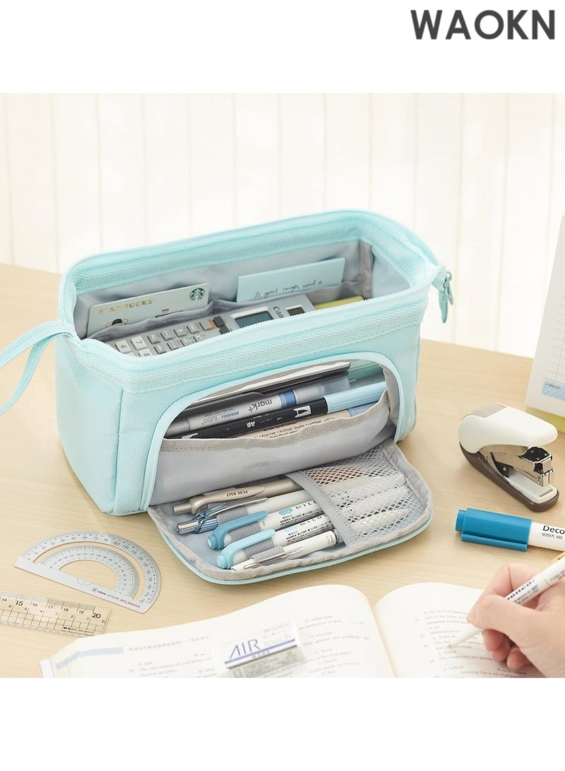 دبليو أيه أو كي أن حافظة أقلام فاخرة ذات سعة كبيرة - منظم جيب أقلام متعدد الأقسام واسع للغاية للمدرسة والجامعة والمكتب والسفر - حامل أنيق ومتين بسحاب للأقلام والعلامات ومستحضرات التجميل ولوازم الفن - هدية مثالية للطلاب والمراهقين والأولاد والبنات والرجال والنساء (أزرق) - Image 3