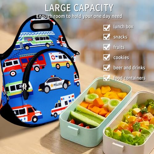 Violet Mist Neoprene Lunch Bags with Shoulder Strap Lunch Totes for Women Insulated Lunch Handbag Thermal Lunch Box Reusable Gourmet Bento Bag Pocket Zipper for Work Picnic Travel Shopping, Blue Car - Image 2