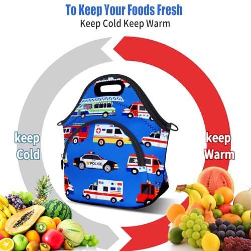 Violet Mist Neoprene Lunch Bags with Shoulder Strap Lunch Totes for Women Insulated Lunch Handbag Thermal Lunch Box Reusable Gourmet Bento Bag Pocket Zipper for Work Picnic Travel Shopping, Blue Car - Image 4