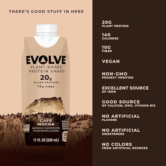 Evolve Plant Based Protein Shake, Café Mocha, 20g Vegan Protein, Dairy Free, No Artificial Sweeteners, Non-GMO, 10g Fiber, 11oz, (12 Pack) (Formula May Vary) - Image 2