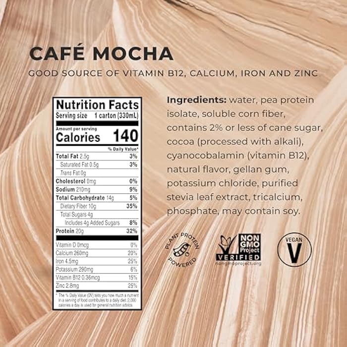 Evolve Plant Based Protein Shake, Café Mocha, 20g Vegan Protein, Dairy Free, No Artificial Sweeteners, Non-GMO, 10g Fiber, 11oz, (12 Pack) (Formula May Vary) - Image 3