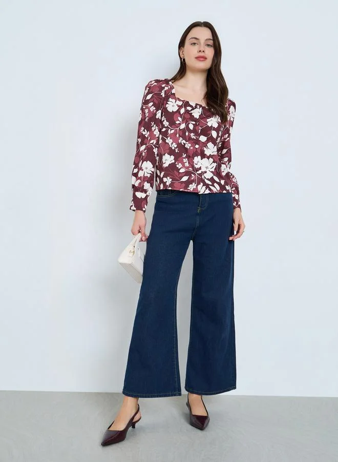 Styli Burgundy Floral Long Sleeve Blouse
