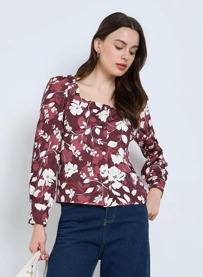 Styli Burgundy Floral Long Sleeve Blouse