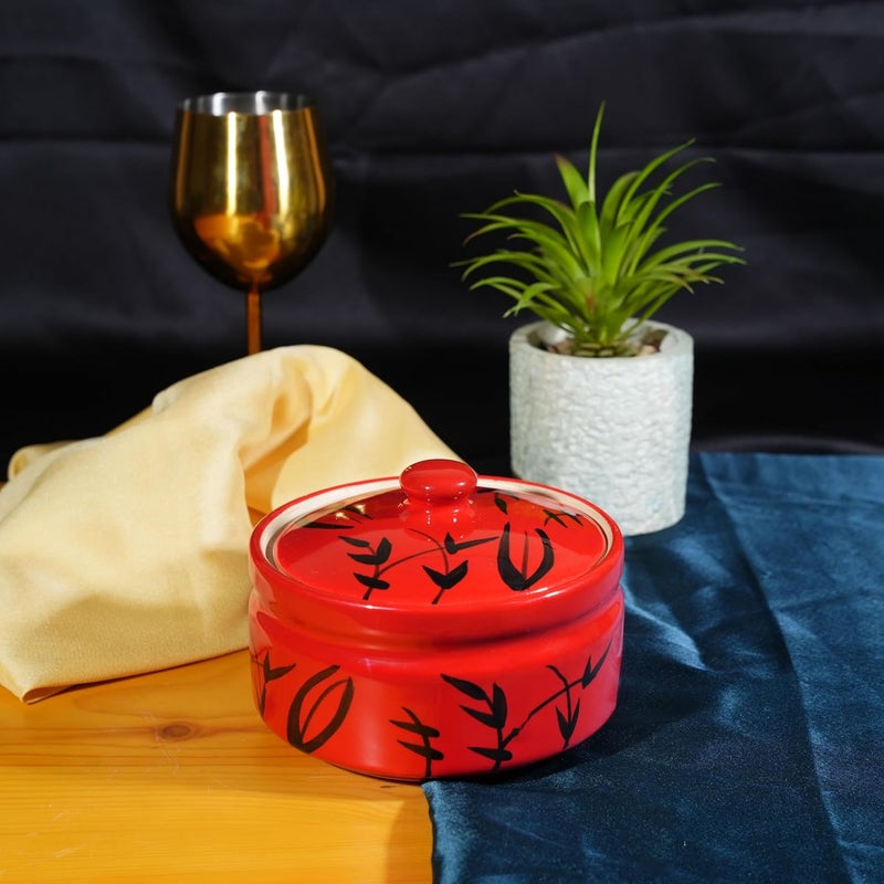 Caffeine ceramic handmade red bamboo serving casserole set of 1 medium - Image 1
