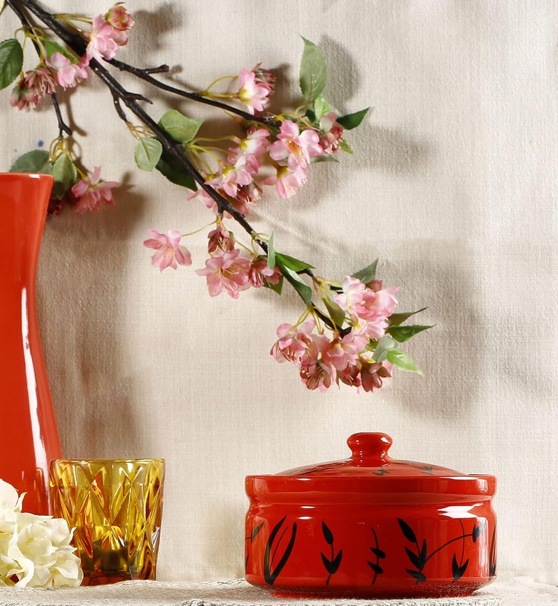 Caffeine ceramic handmade red bamboo serving casserole set of 1 medium - Image 2