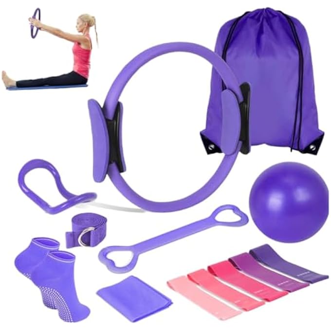 rayihni طقم بيلاتس في المنزل 18 قطعة، معدات بيلاتس لتمارين المنزل، مجموعة ملحقات بيلاتس مع كرة 9.8 بوصة، حلقات يوغا سحرية 12 بوصة، أحزمة مقاومة، طقم أساسيات بيلاتس هدية للنساء - Image 1