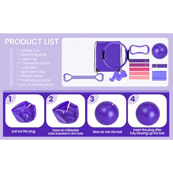 rayihni طقم بيلاتس في المنزل 18 قطعة، معدات بيلاتس لتمارين المنزل، مجموعة ملحقات بيلاتس مع كرة 9.8 بوصة، حلقات يوغا سحرية 12 بوصة، أحزمة مقاومة، طقم أساسيات بيلاتس هدية للنساء - Image 4