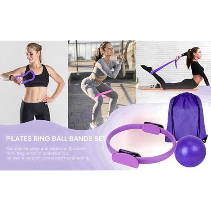 rayihni طقم بيلاتس في المنزل 18 قطعة، معدات بيلاتس لتمارين المنزل، مجموعة ملحقات بيلاتس مع كرة 9.8 بوصة، حلقات يوغا سحرية 12 بوصة، أحزمة مقاومة، طقم أساسيات بيلاتس هدية للنساء - Image 3