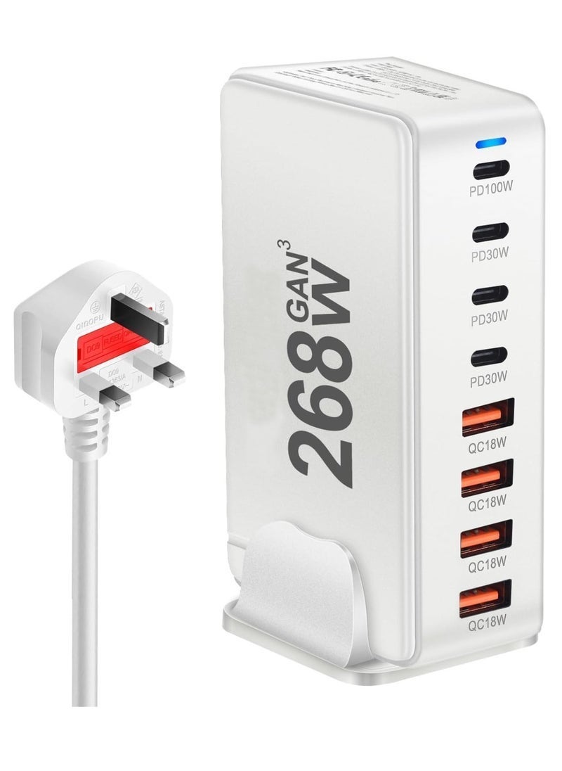 Gravity Multi USB Charger, 268W USB C Fast Charger 8-Port Charging Station Portable USB And Type C Charging Station, Wall Charger Power Strip Adapter 268W Gan USB Type C Fast Charger, Multiple Use UK Plug White - Image 2
