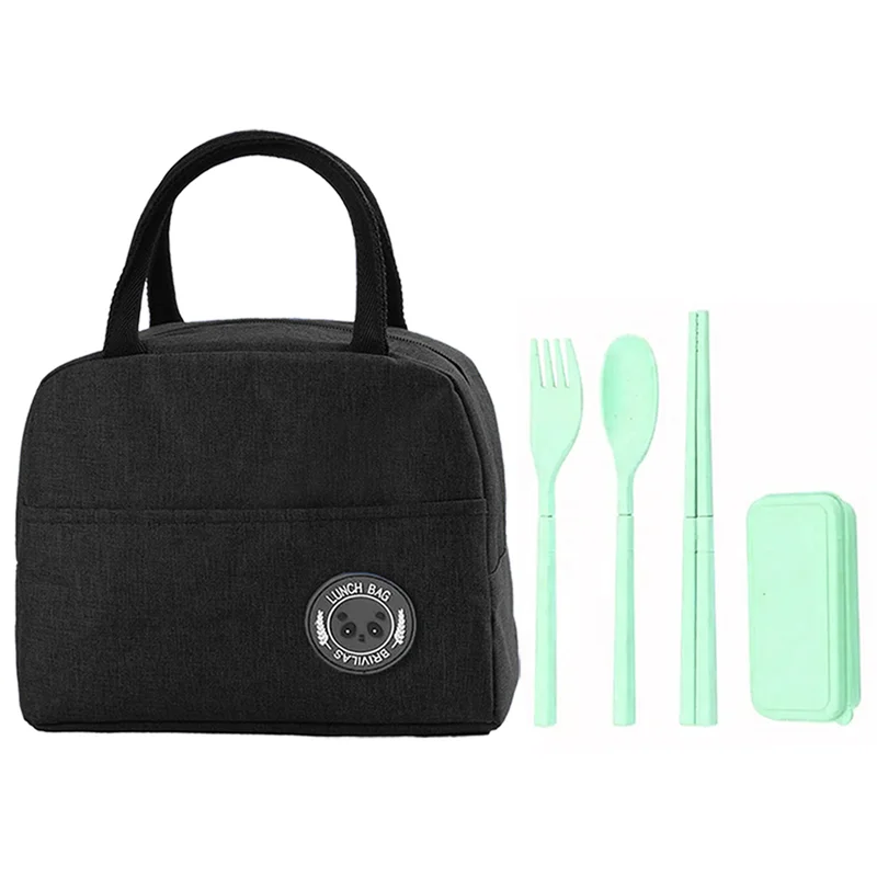 STAR BABiES Star Babies Insulated Mini Lunch Bag with Foldable Fork- Spoon Set Blac & green