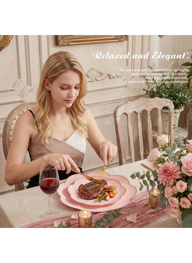 supernal 60pcs Pink Scalloped Plastic Plates with Gold Rim,Heavy Duty Plastic Disposable Plates Includes:30 Dinner and 30 Dessert Plate Perfect for Wedding, Bridal Shower, Mother's Day&Parties - Image 5